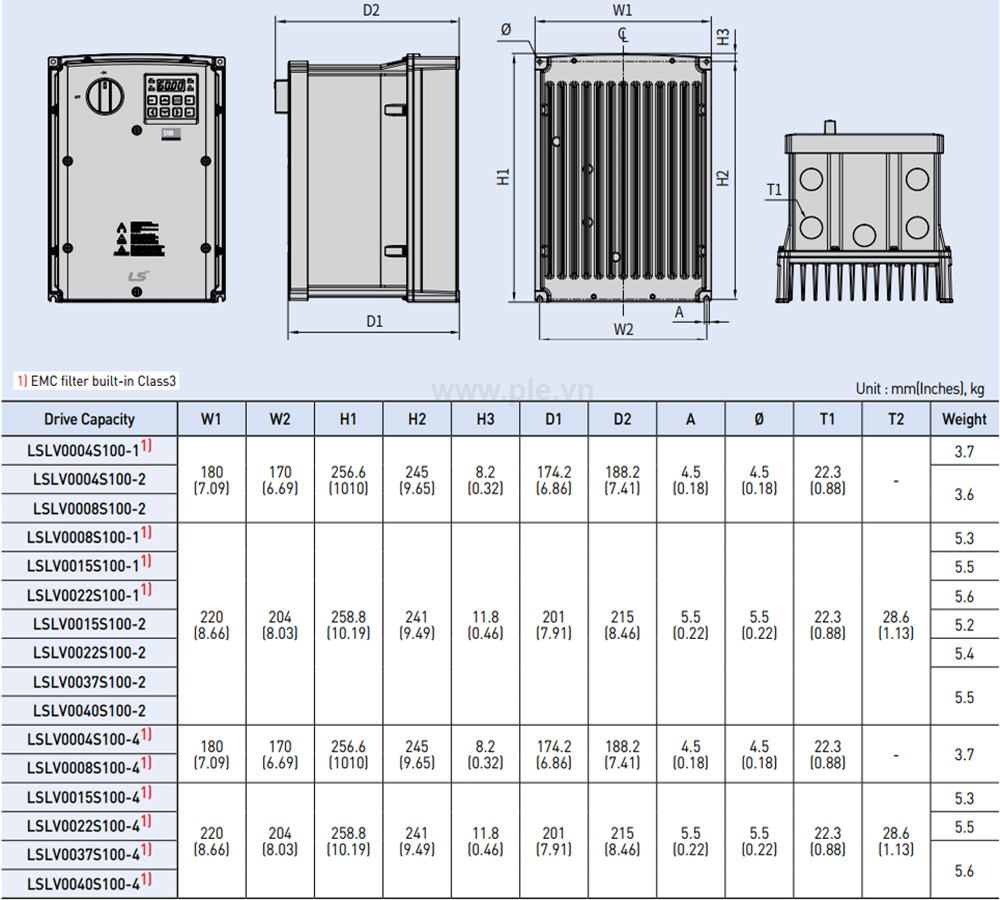 Kích thước LSis LSLV0022S100-4EXNNS - Biến tần 3P 2.2/3.7kW  400V
