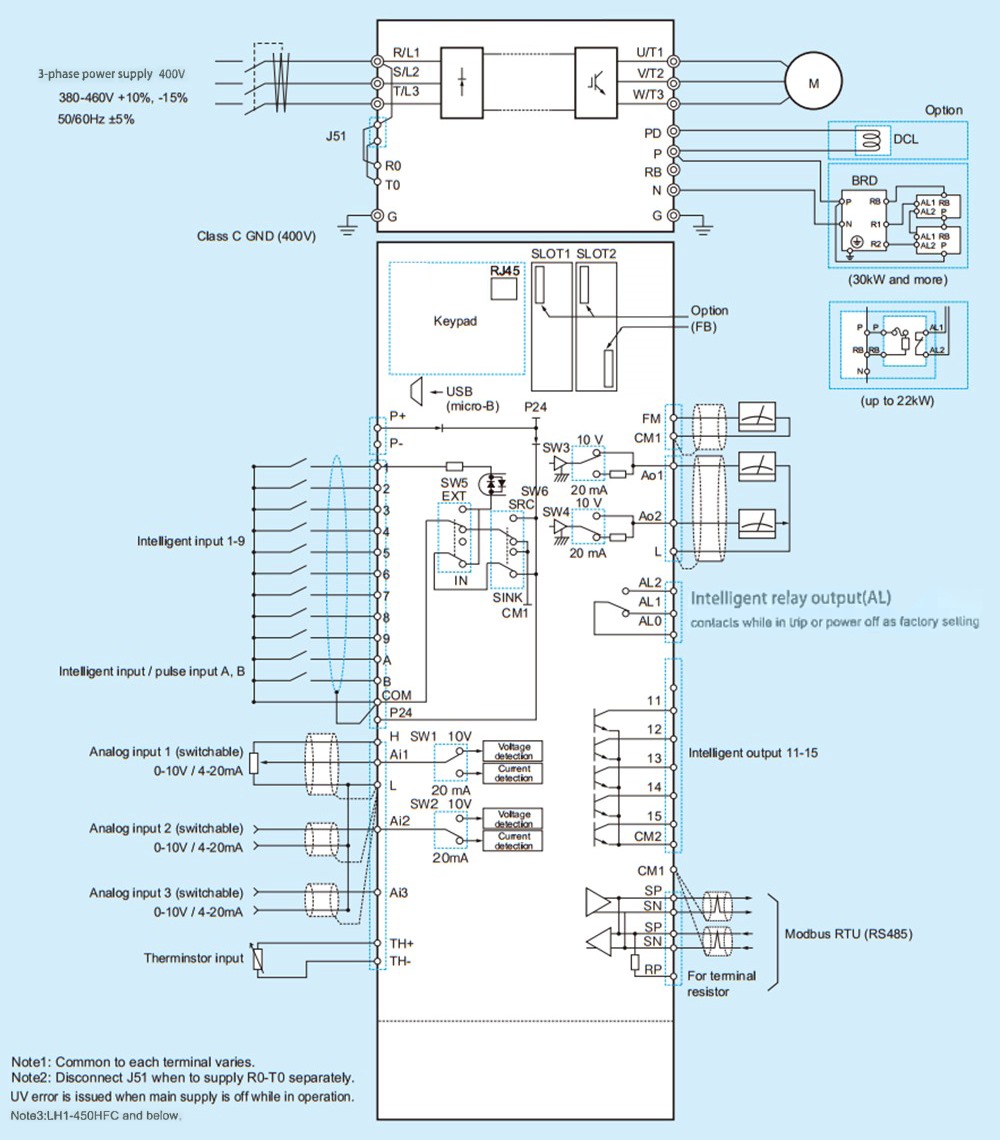 Cách đấu nối Biến tần Hitachi LH1-300HFC 30 kW 40 HP