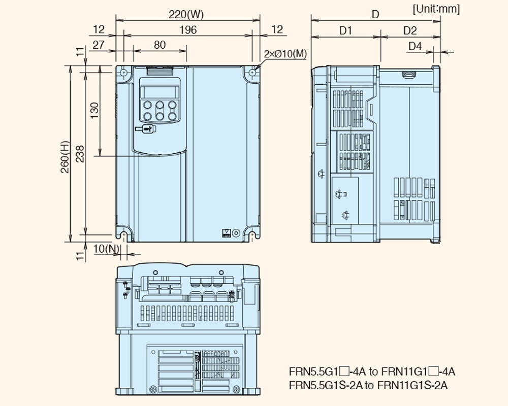 Kích thước Biến tần Fuji Frenic-Mega FRN5.5G1S-2A 5.5kW 7.5HP