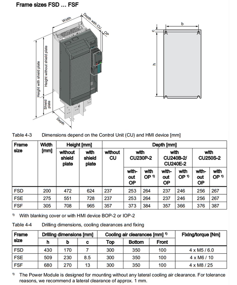 Kích thước Biến tần Siemens Sinamics G120 (PM240-2) 6SL3210-1PE23-8AL0 15kW (20HP)