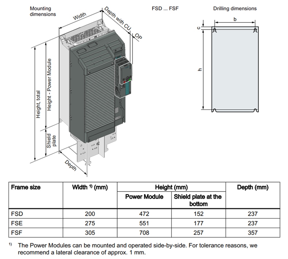 Kích thước Biến tần Siemens Sinamics G120 (PM240P-2) 6SL3210-1RE27-5UL0 30kW (40HP)