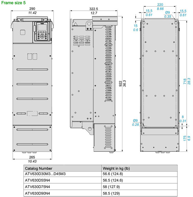 Kích thước biến tần Schneider ATV630D90N4 3P 380V 90kW