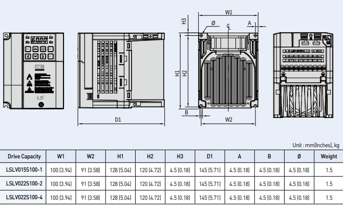 Kích thước biến tần LS LSLV0022S100-4EONNS