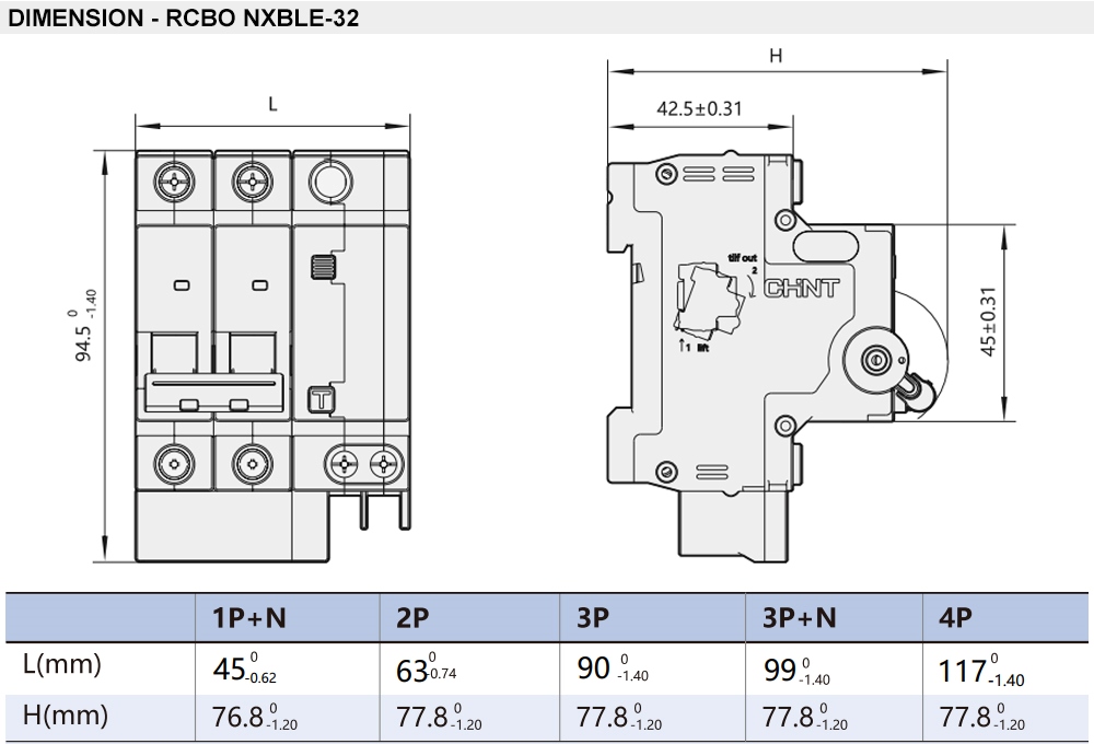Kích thước CHINT NXBLE-32 1P+N C6