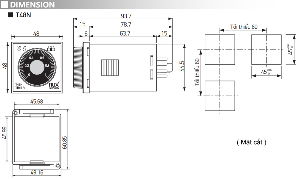 Kích thước Bộ định thời analog On-Delay - Hanyoung T48N-30A