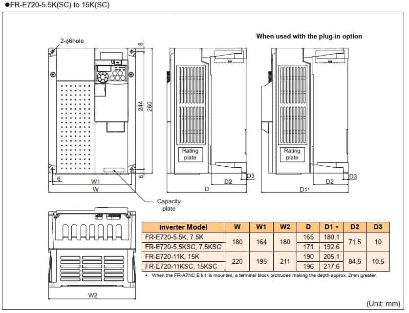 kích thước biến tần FR-E720-7.5K