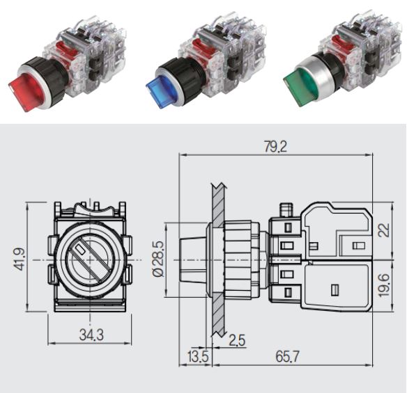kích thước công tắc xoay 2 vị trí có đèn MRT series kích thước công tắc xoay 2 vị trí có đèn MRT series
