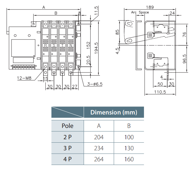 Kích thước ATS Osung Osemco OSS-61-TN 4P 100A
