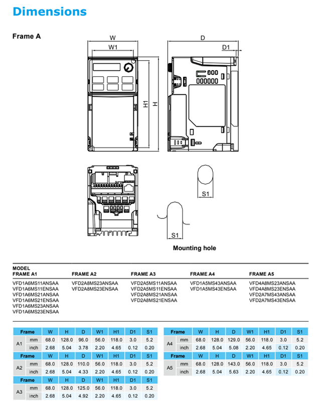 Kích thước biến tần Delta MS300 VFD9A0MS43ANSAA 3P 380V 4KW