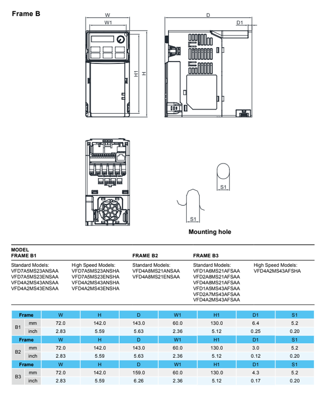 Kích thước biến tần Delta MS300 VFD9A0MS43ANSAA 3P 380V 4KW
