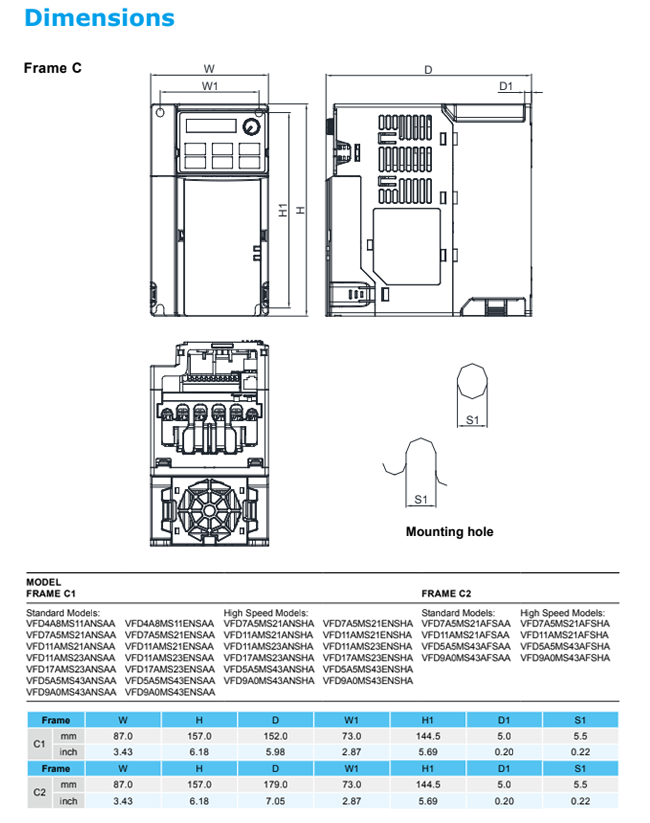 Kích thước biến tần Delta MS300 VFD9A0MS43ANSAA 3P 380V 4KW