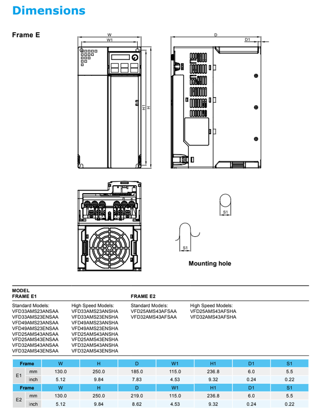 Kích thước biến tần Delta MS300 VFD9A0MS43ANSAA 3P 380V 4KW