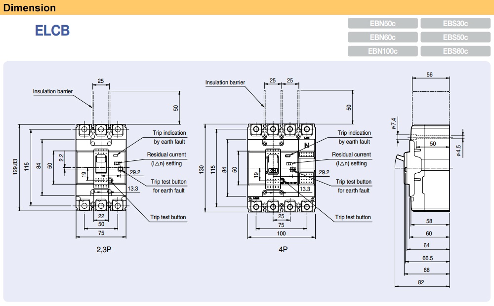 Kích thước Cầu Dao chống giật LS EBN104c